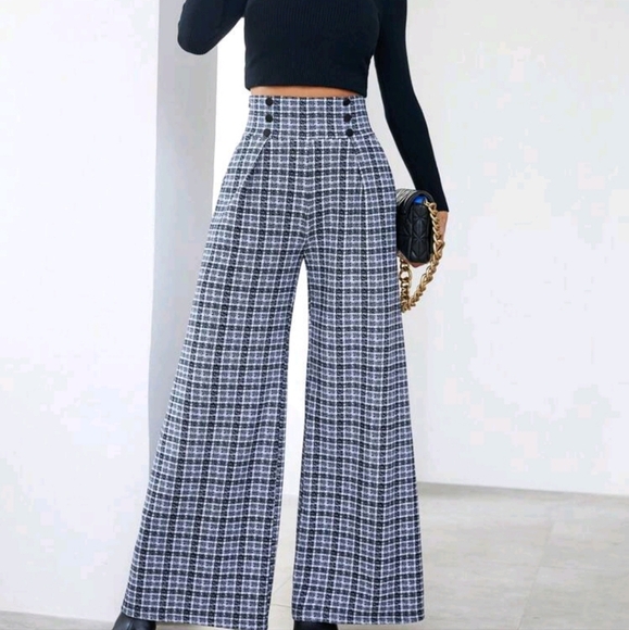 Plaid Print Button Detail Suit Pants - Picture 1 of 4